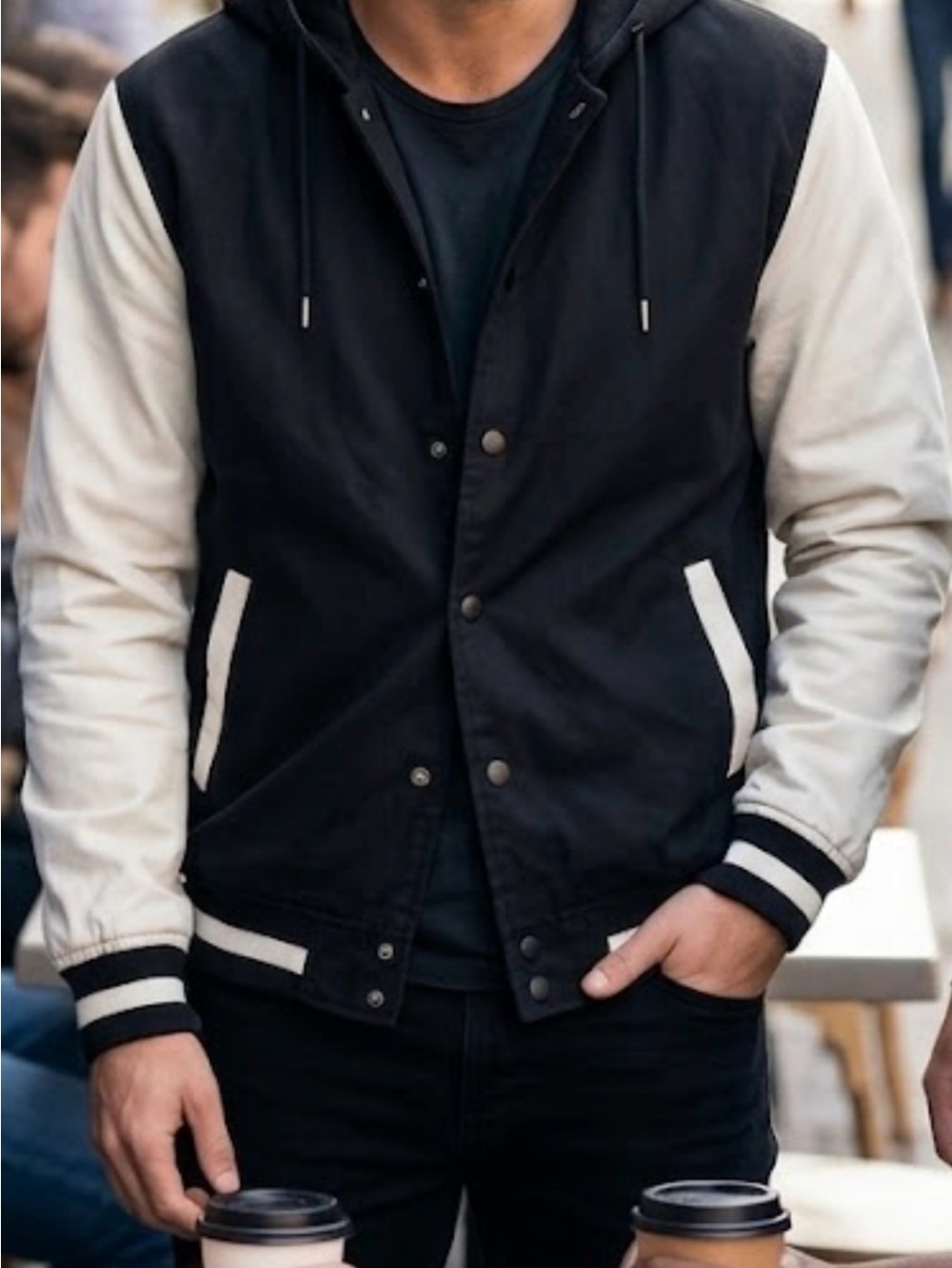 Men's Black & Cream Hooded Varsity Bomber Jacket